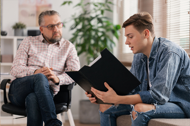 male counselor sitting with a teenage boy while he looks at a folder